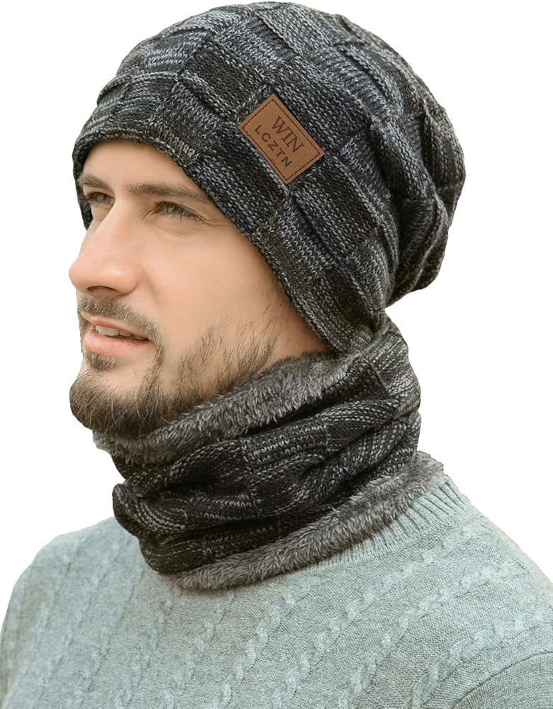 Mens Winter Beanie Hat Scarf Set Warm Fleece Lined Knit Ski Hats Slouchy Skull Cap for Unisex Gift