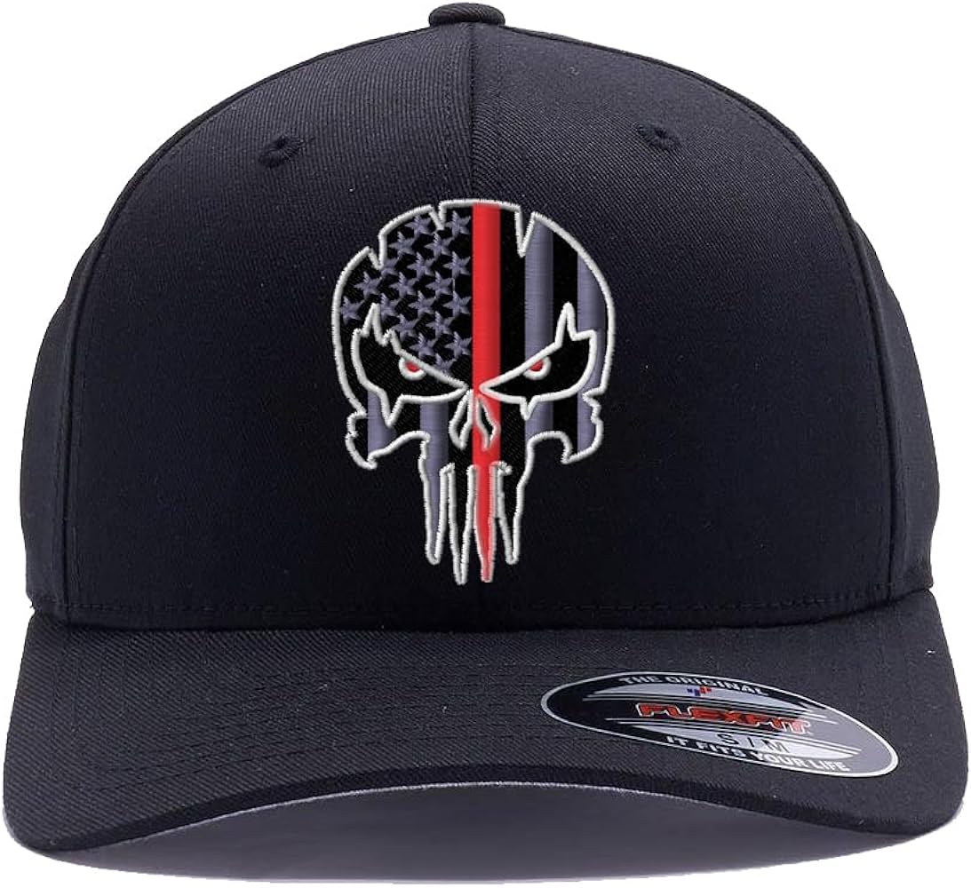 Thin Red Line or Thin Blue line Distressed Skull American Flag Flex hat | Custom Embroidered | Flexfit 6277 and 6477