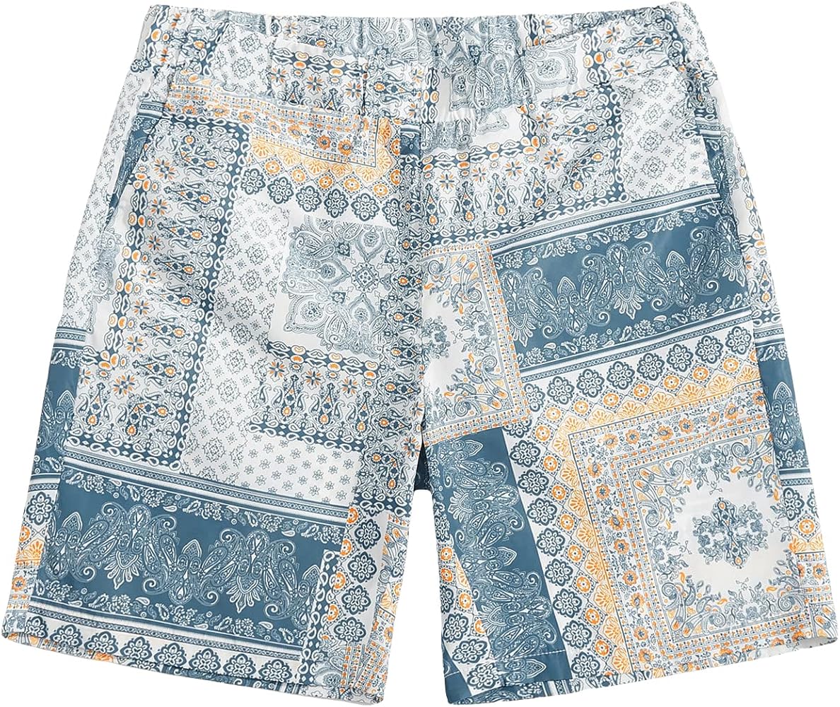 GORGLITTER Men's Paisley Graphic Print Shorts Bandana Hawaiian Elastic Waist Shorts with Pockets