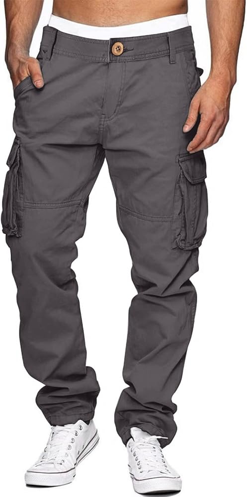 WENKOMG1 Sports Cargo Pants for Men Stretchy Work Baggy Trousers Straight Leg Sweatpants Fishing Hiking Slacks Lightweight Multi-Pocket Pants Big and Tall Travel Long Pants(C-Dark Gray,Medium)