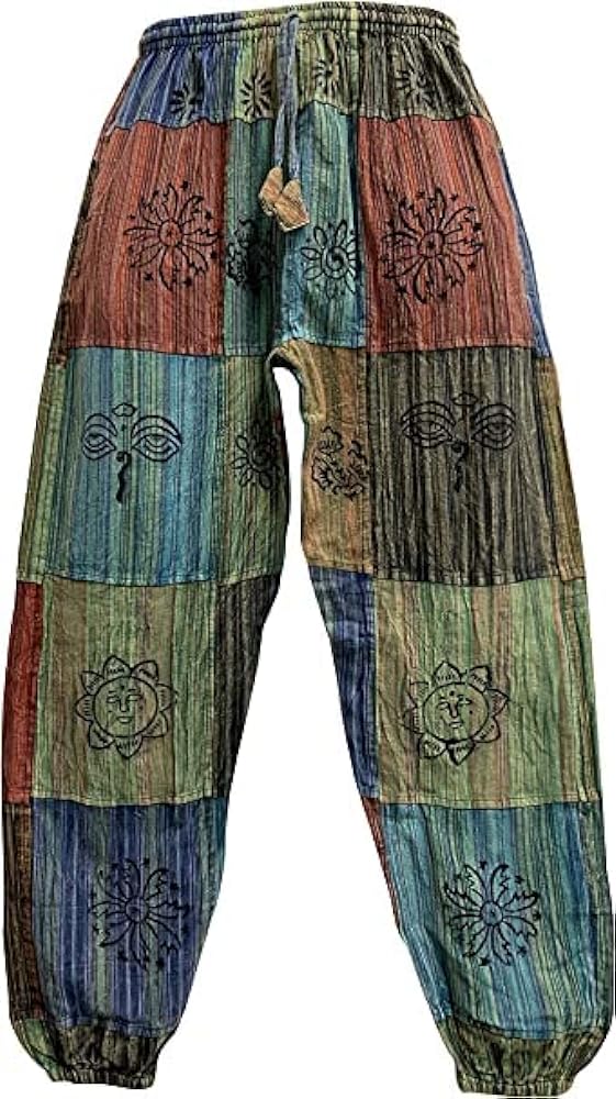 Mens Stonewashed Cotton Bohemian Vintage Yoga Ethnic Print Patchwork Harem Pants