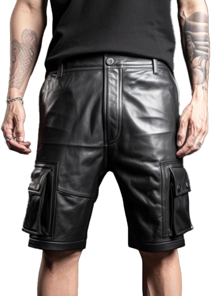 Genuine Lambskin Classic Leather Shorts for Guys - Leather Pants for Men - Leather Cargo Shorts for Men