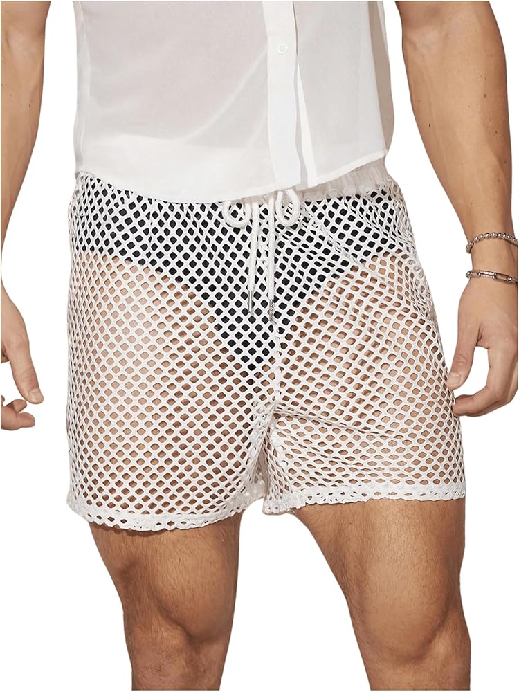 OYOANGLE Men's Fishnet See Through Drawstring Waist Track Shorts Hollow Out Party Shorts