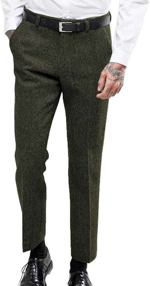 Retro Men's Herringbone Dress Suit Pants Thick Wool Fleated Front Tweed Trousers (Army Green, 34W x 30L)