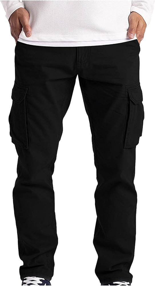 WENKOMG1 Sports Cargo Pants for Men Stretchy Work Baggy Trousers Straight Leg Sweatpants Fishing Hiking Slacks Lightweight Multi-Pocket Pants Big and Tall Travel Long Pants(A-Black,Small)