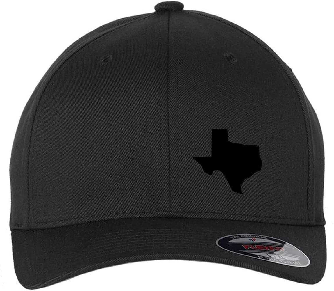 Black Texas Map Printed 6 Panel Mid Profile Flexfit Closed Back Twill Cap - Small to 2XL Big Size