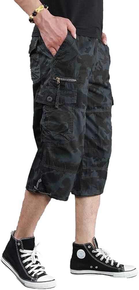 Men's Extra Long Cargo Shorts below Knee Capri Pants Loose Fit