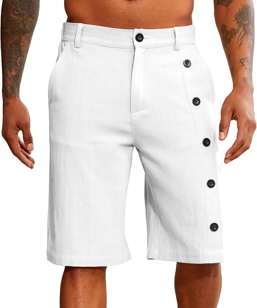 Mens Shorts Men's Linen Shorts Elastic Waistband Classic Fit Button Summer Beach Casual Shorts