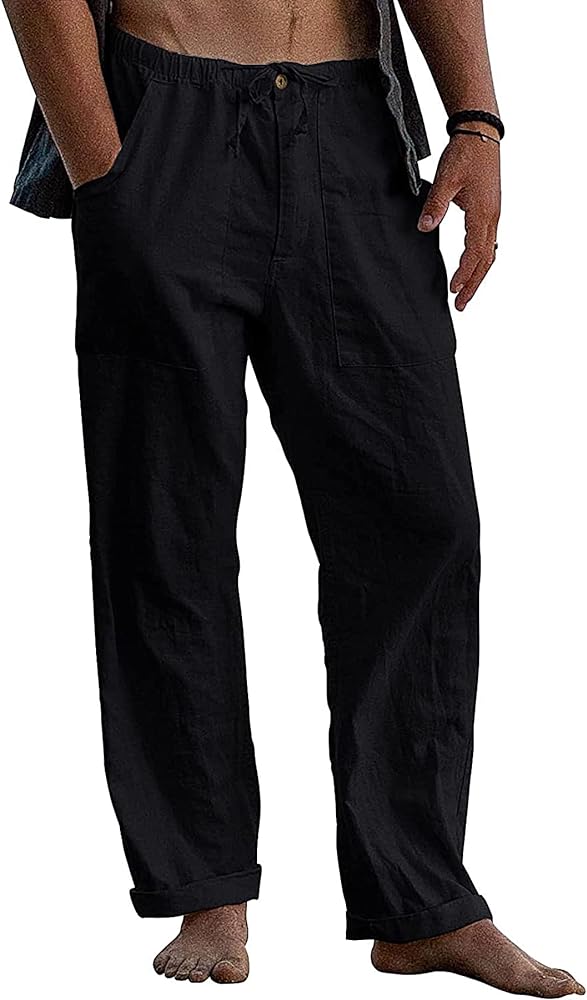 Men's Linen Pants Casual Long Wide Pant Zipper Beach Pants Drawstring Trousers Yoga Pants with Pockets