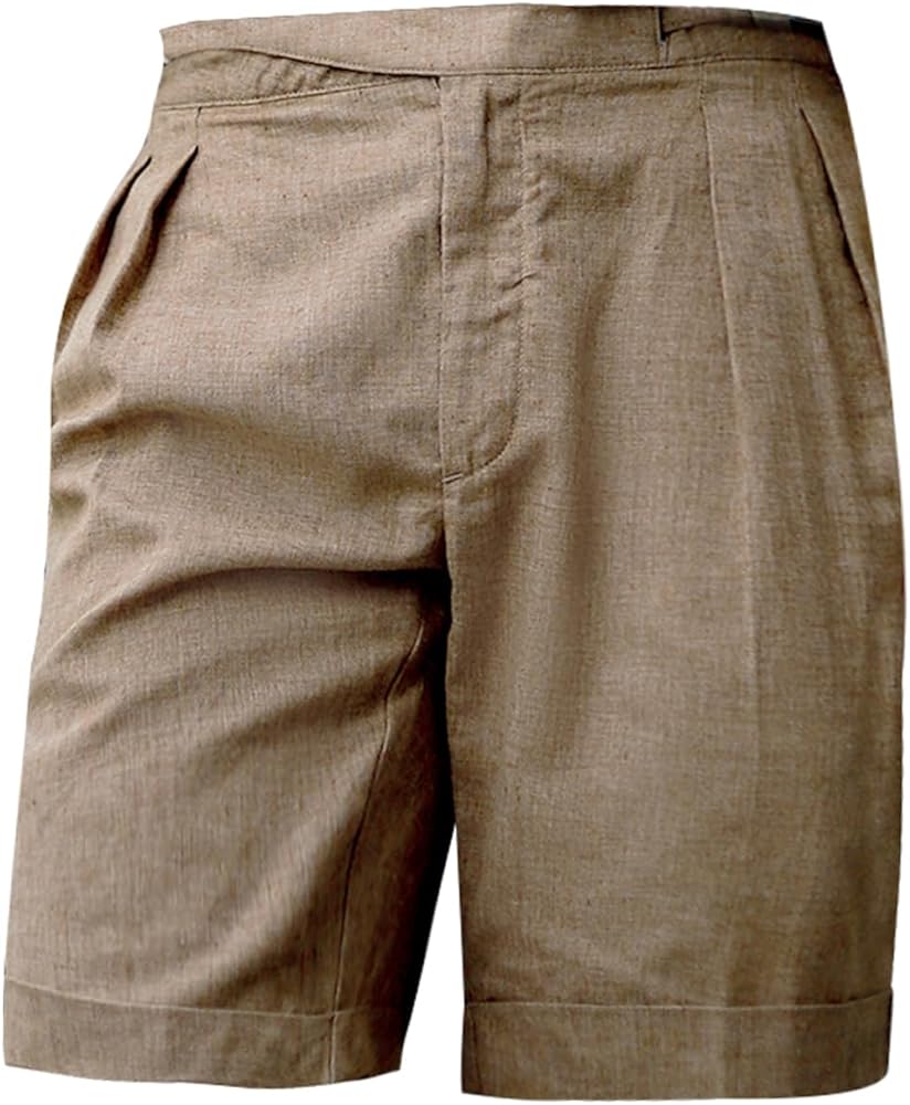 Men's Summer Retro Lightweight linen Gurkha Shorts Tapered Leg Straight Flat Front Shorts Chino Pant