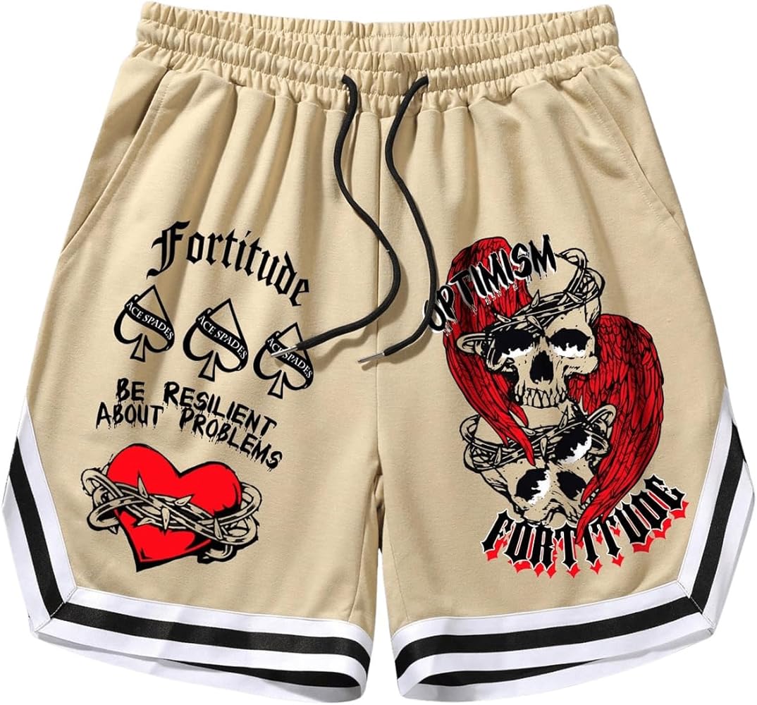 SHENHE Men's Skull Heart Print Graphic Shorts Casual Drawstring Sweat Shorts Track Shorts