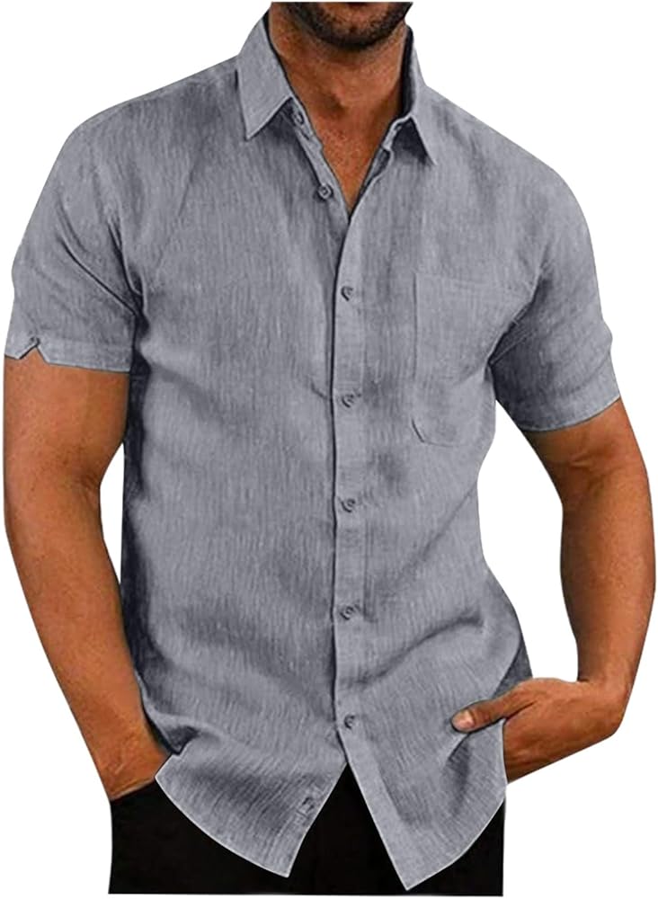 Men's Linen Solid Color Stripe Lapel with Pocket Loose Dress Shirt Button Down Short Sleeve Casual Beach Shirt