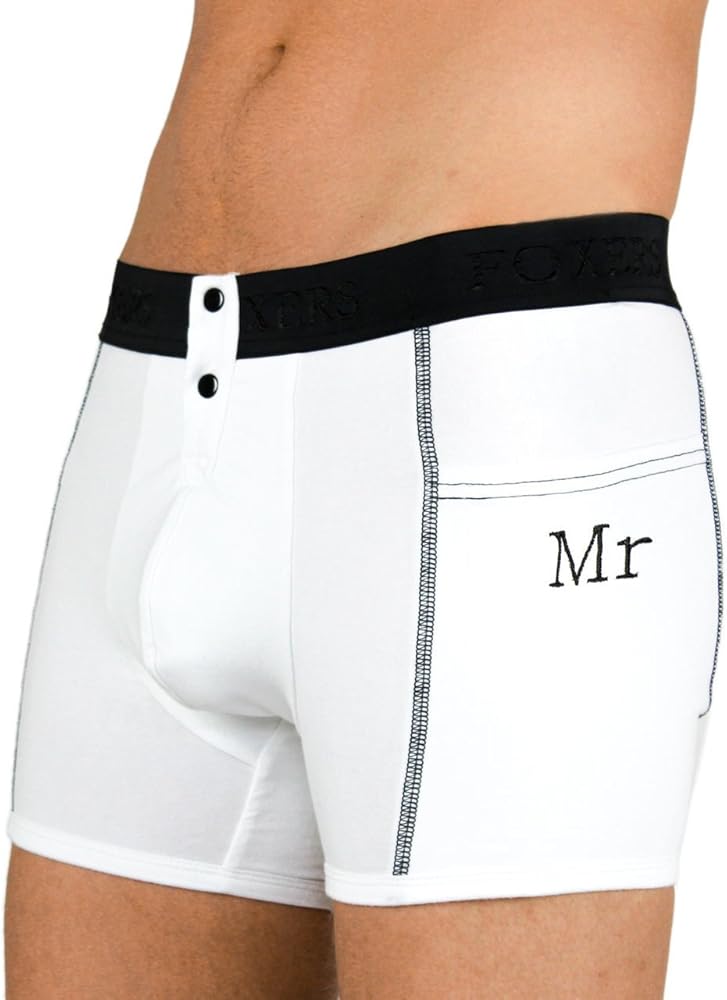 Foxers MR Monogrammed Soft White Cotton Men's Boxer Brief Underwear with Pockets S-XXL