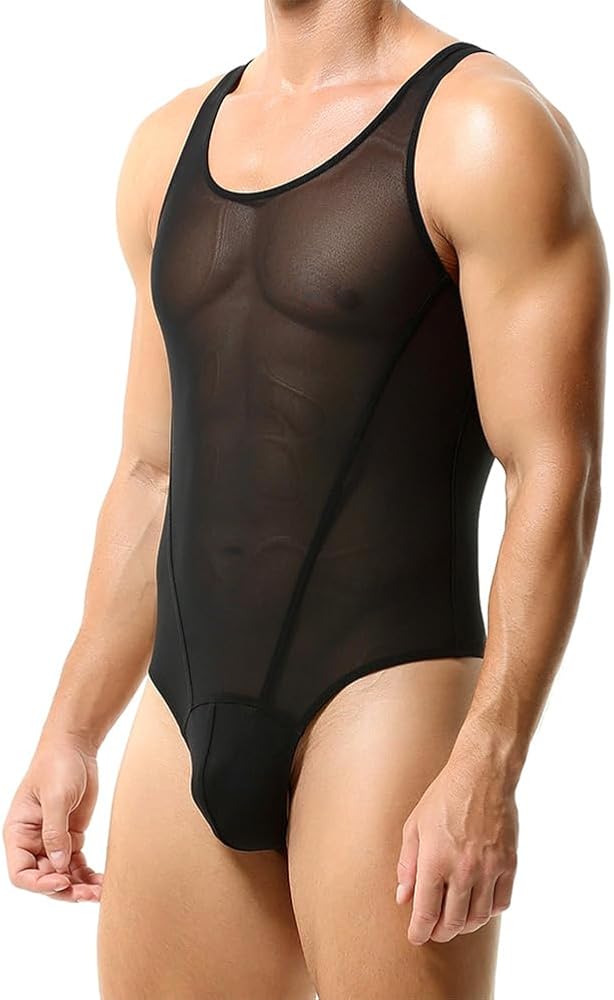 FYMNSI Men's Sheer Mesh Bodysuit Leotard See Through Thong Underwear Wrestling Singlet Fitness Undershirt One Piece Romper