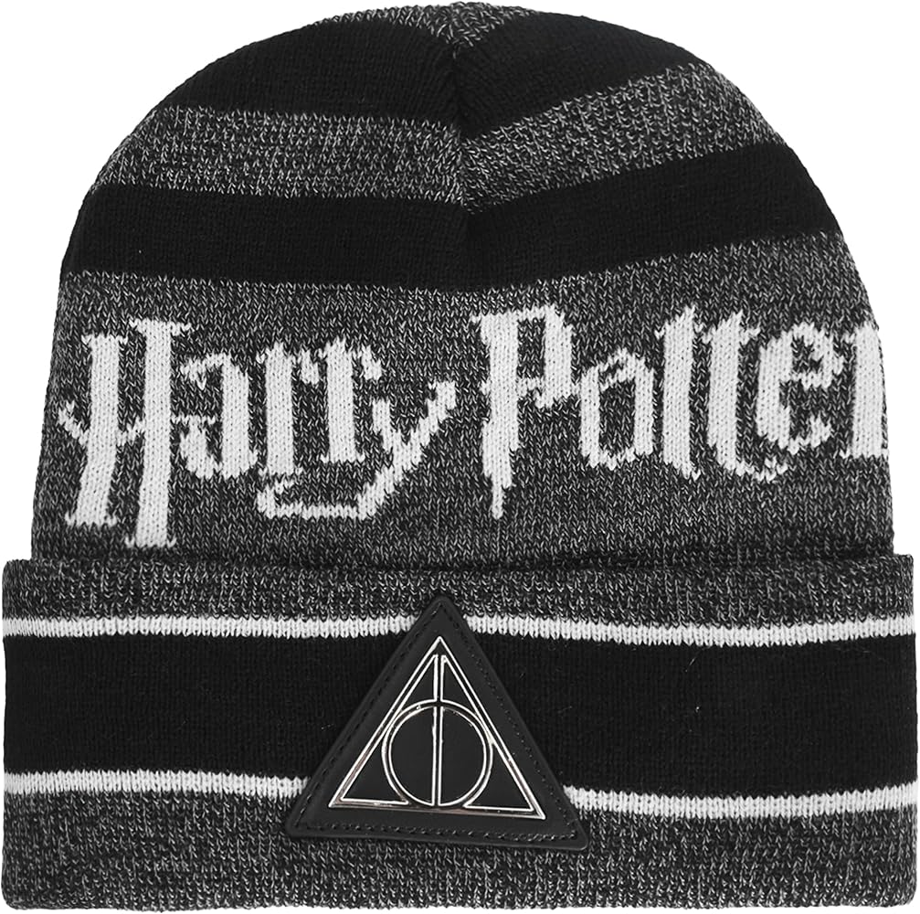 Harry Potter Beanie Hat, Deathly Hallows Winter Knit Cap with Cuff, Black, One Size