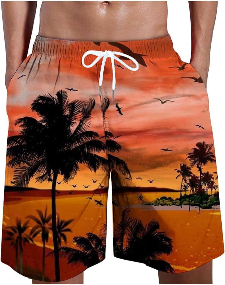 Mens Beach Shorts Shorts for Mens Loose Fit Hawaiian Ruched Tropical Straight Leg Fall Summer Shorts 2024 Y2K