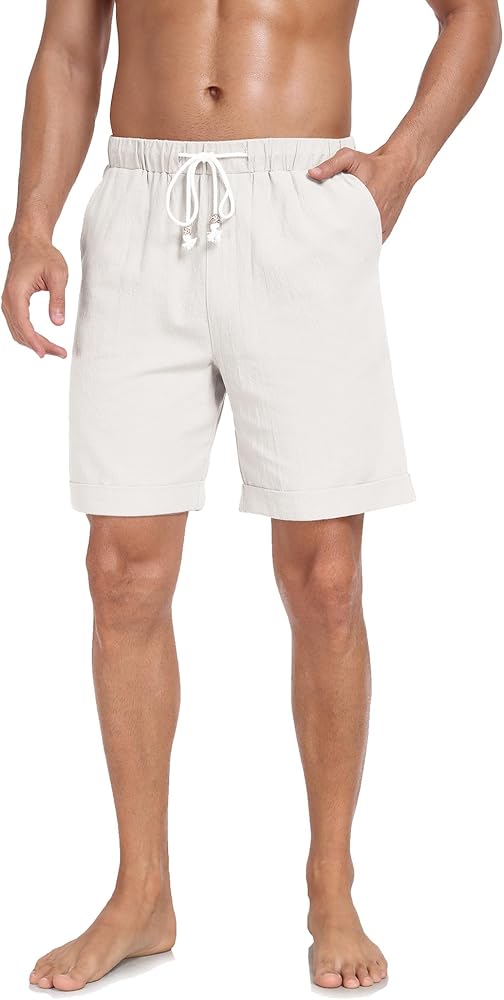 Men's Linen Shorts Cotton Casual Shorts Elastic Waist Drawstring Summer Beach Shorts