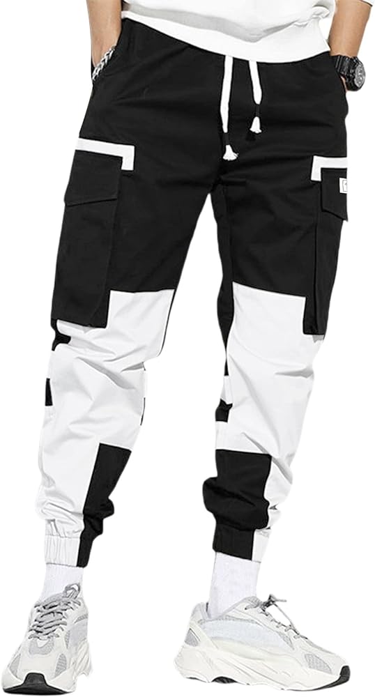 WDIRARA Men's Colorblock Cargo Pants Drawstring Waist Active Sporty Pants with Pockets