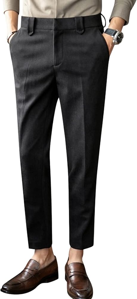 Men's Business Suit Pants Retro Wool Slim Fit Tweed Dress Pants Vintage Stretch Chino Flat Front Trousers