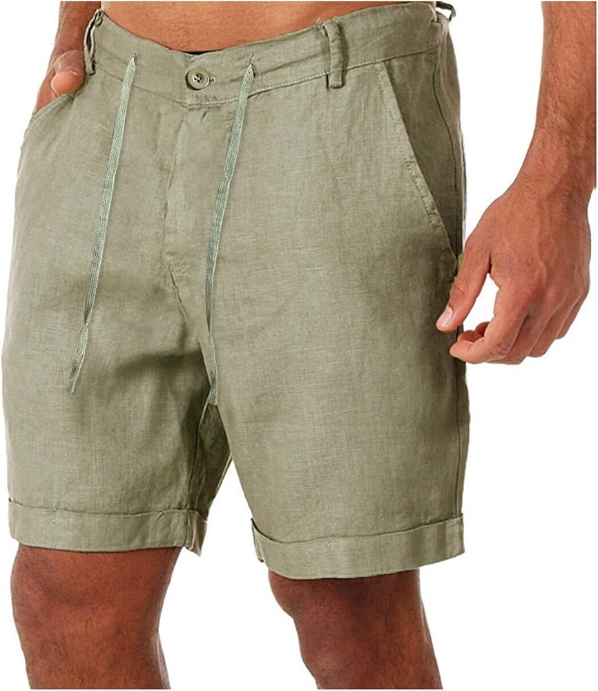 Cotton Linen Shorts for Men Belt Loops Drawstring Shorts with Pockets 10'' Summer Beach Pocketed Bermuda Shorts