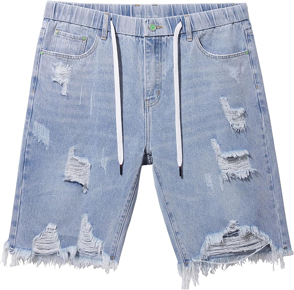 Drawstring Ripped Jean Shorts for Men Elastic Waist Raw Hem Denim Shorts Summer Stretchy Loose Fit Short Jeans