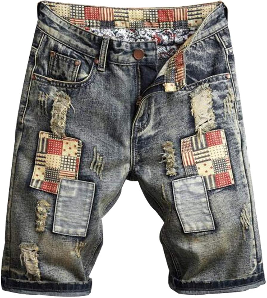 HZCX FASHION Men's Vintage Slim Fit Distressed Denim Shorts Cut-Off Jean Short