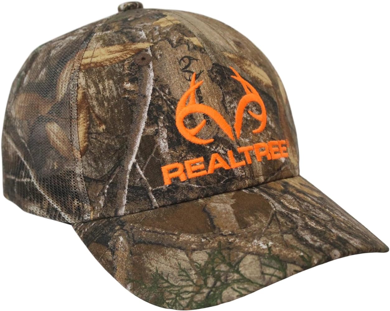 Realtree Edge Blaze Logo Camo Mesh Trucker Cap Hat Snapback Wicking Sweatband Low-Mid Profile Structured Precurved Visor Camouflage Cap Hat