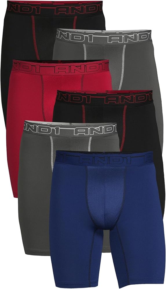 AND1 Medium (32""-34"") Boxer Briefs Performance Underwear 9"" Inseam Long Leg, Red Blue Black Grey