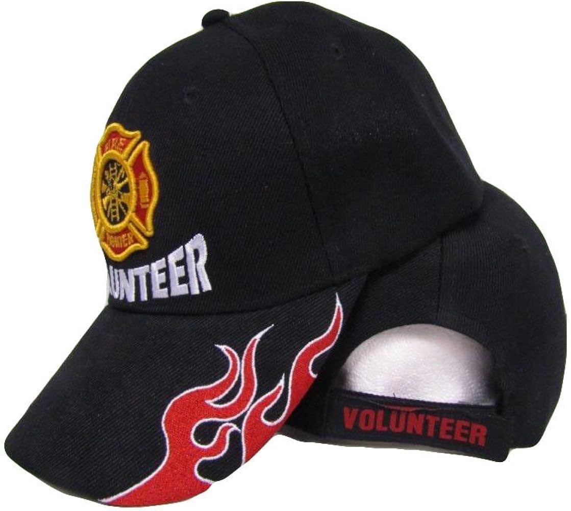 Fire Fighter Dept Department Volunteer Flames Embroidered Black Cap Hat