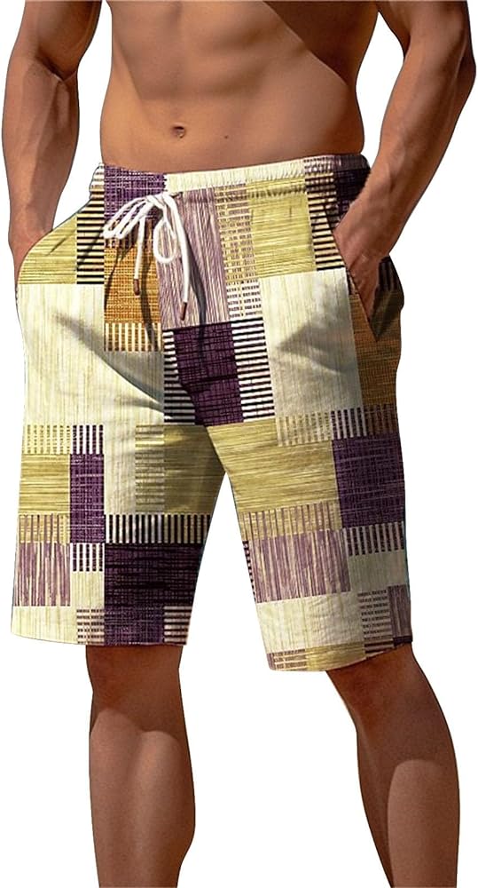 Mens Boho Bohemian Hippie Summer Shorts Trendy Plaid Patchwork Color Block Beach Shorts 90s Vintage Drawstring Yoga Shorts