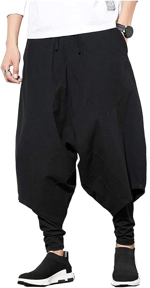 Men's Harem Pants Hip hop Joggers Baggy Wide Leg Pants Casual Harem Linen Japanese Yoga