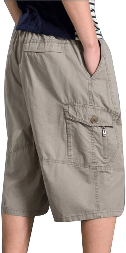 Men's Cotton Long Cargo Shorts Elastic Waist Drawstring Short