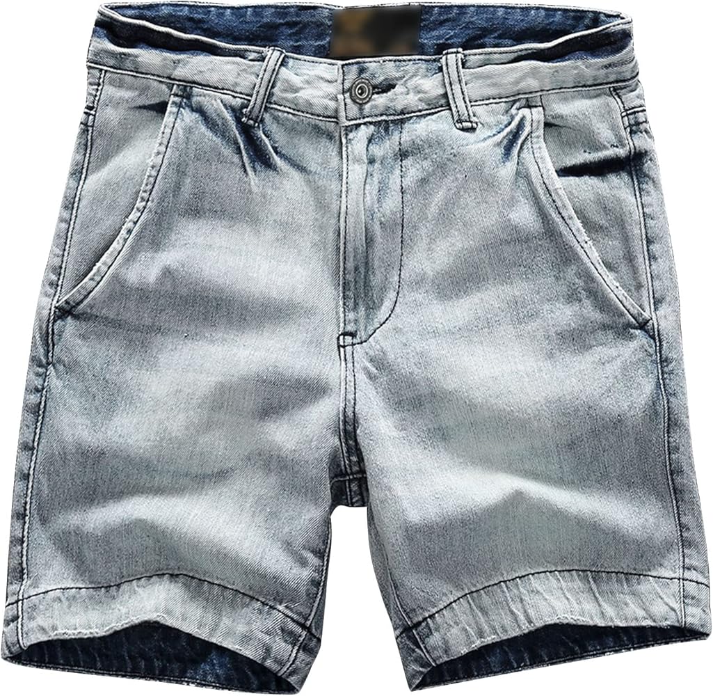 Men Distressed Straight-Leg Work Shorts Mid Waist Skinny Regular Fit Jean Shorts Fashion Summer Washed Denim Short