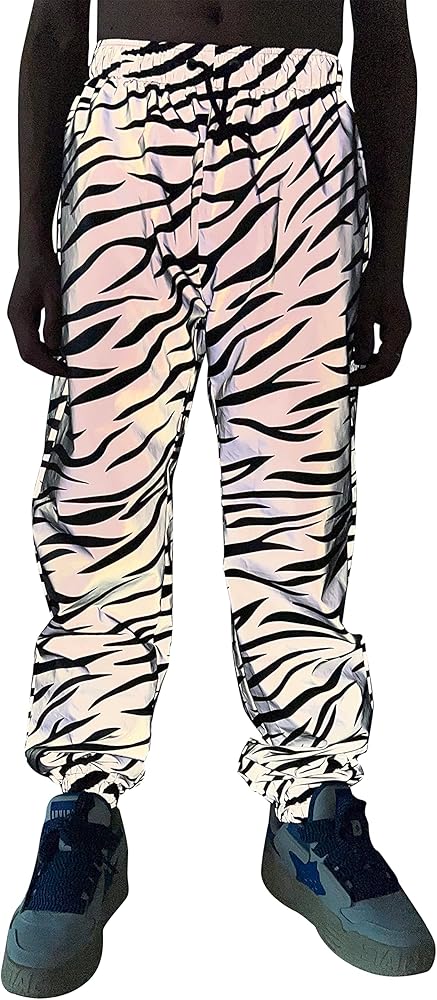 LZLRUN Zebra Reflective Pants Men Hip Hop Dance Fluorescent Shiny Trousers Casual Harajuku Night Sporting Rave Jogger