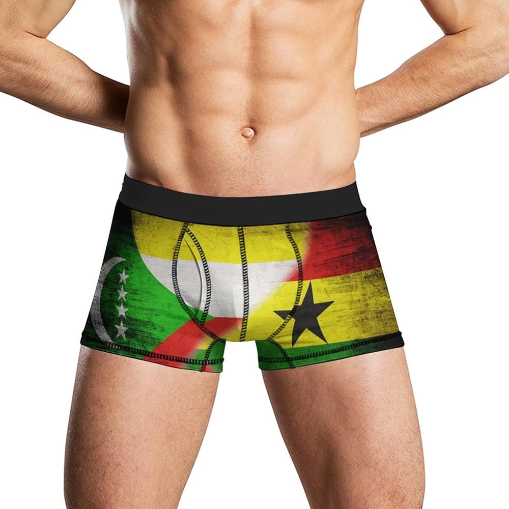 Comoro Islands And Ghana Divided Diagonally Flag Men's Boxer Briefs Stretch Underwear Soft Comfortable