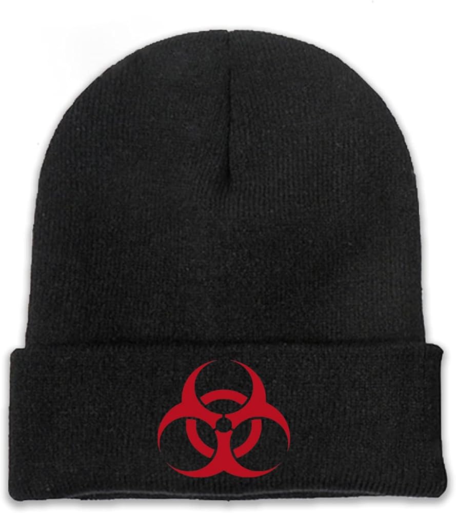 Red Symbol Biohazard Radioactive Beanie Adults Unisex Men Womens Kids Cuffed Plain Skull Knit Hat Cap