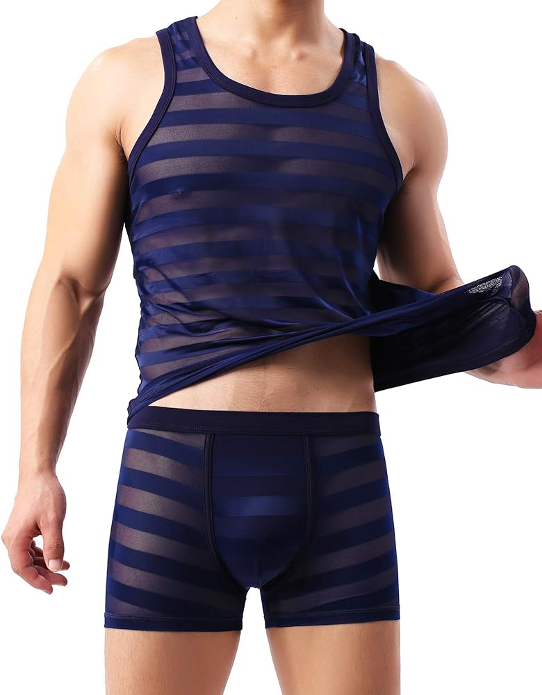 Mens See Through Tank Top Set Mesh Tank Top with Sexy Boxer Brief Set…