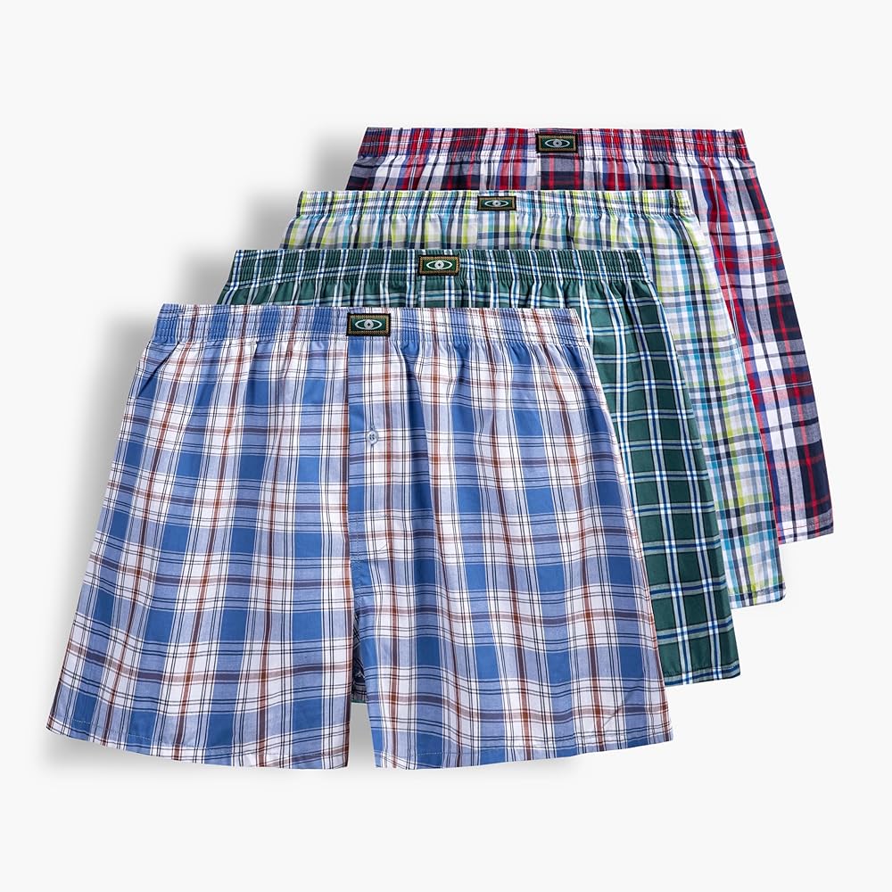 Mens Woven Boxer Shorts 100% Cotton with Covered Waistband Comfortable Loose Fit, Classic Full Cut Plaid Boxers Pack