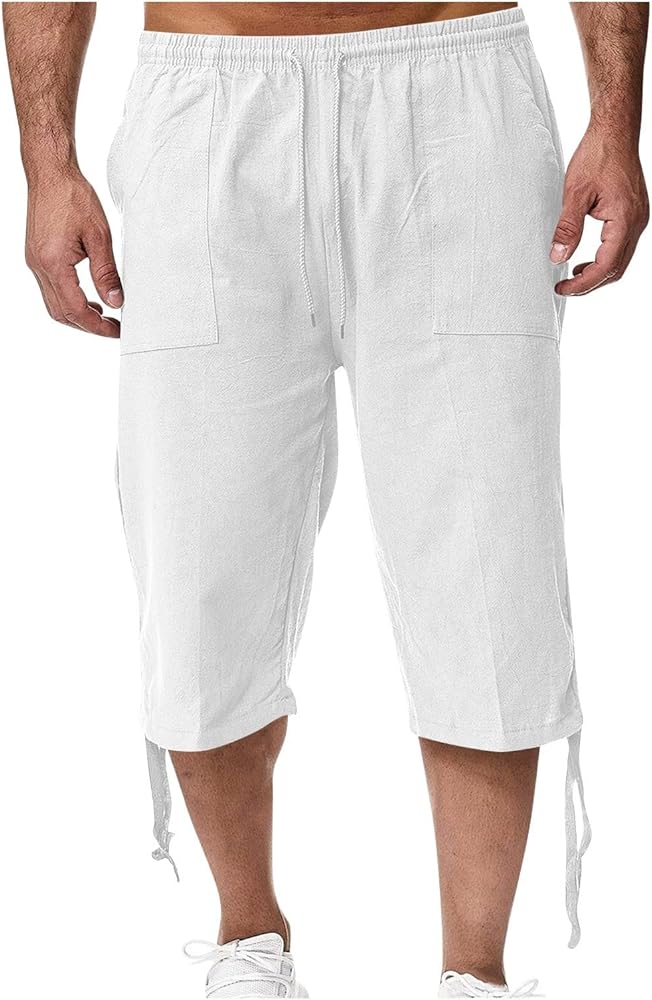 Men's Shorts Loose Cotton and Linen Pants Beach Casual Sports Pants Solid Color Seven Points Shorts, M-4XL