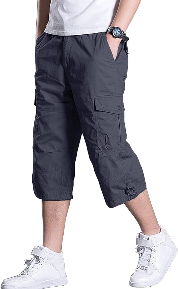 Men's Casual Cargo Shorts 16" Inseam below Knee Multi Pocket 3/4 Capri Long Shorts Twill Relaxed Fit Pants