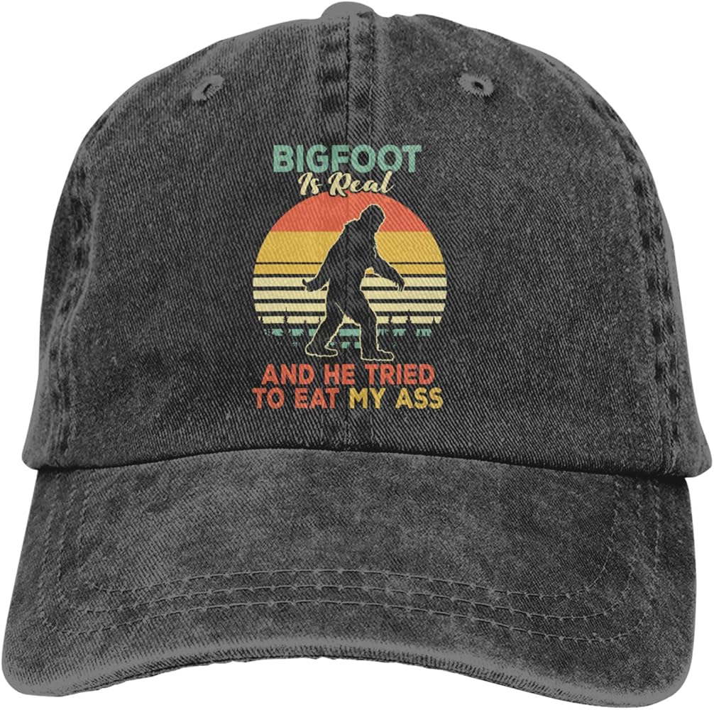 Bigfoot is Real and He Tried to Eat Hat, Funny Sasquatch Gifts for Men Women Adjustable Vintage Denim Dad Baseball Cap