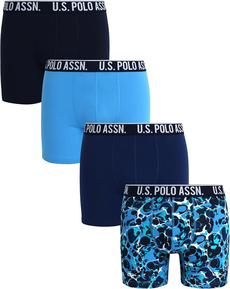 U.S. Polo Assn. Men's Underwear - Performance Stretch Boxer Briefs with Comfort Pouch (4 Pack), Size Medium, Azure Blue/Print/Blue Depths/Maritime Blue