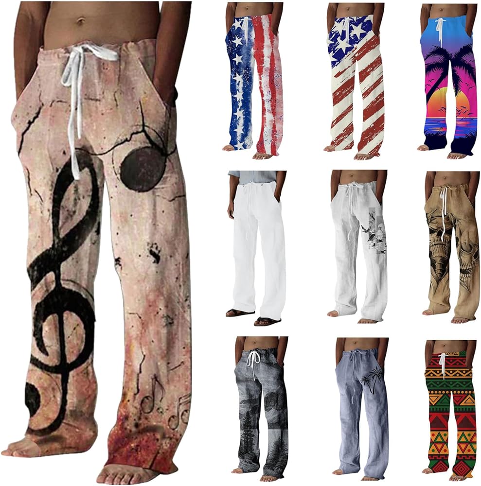 Mens Linen Pants Casual Hawaii Print Summer Beach Pants Elastic Waist Drawstring Baggy Trousers with Pockets