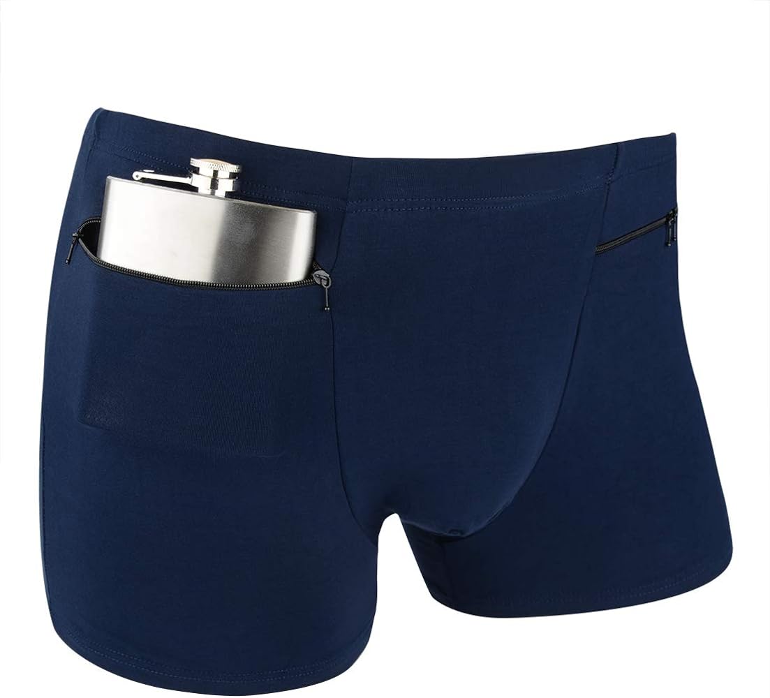 H&R Pocket Underwear for Men with Secret Hidden Pocket, Travel Stash Boxer Brief, Small Size 2 Packs (Dark Blue)