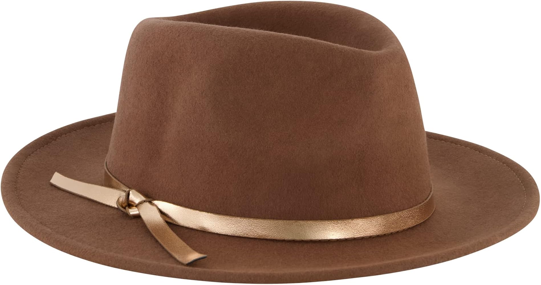 Christian Siriano New York Fedora Hat, Wool Felt Wide Brim Rancher Fashion Hat with Metallic Faux Leather Wrap, Brown, One Size