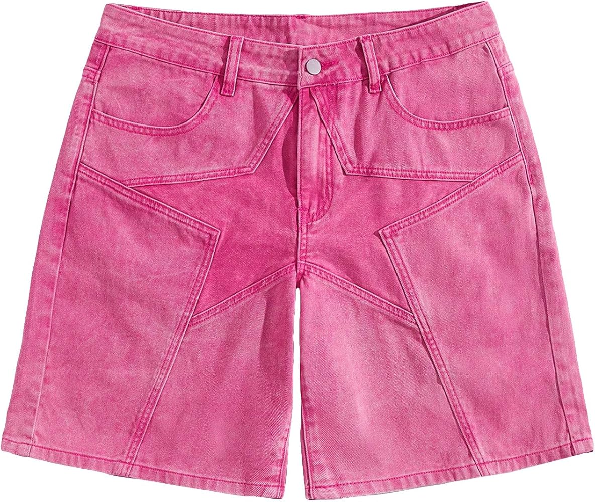 WDIRARA Men's High Waisted Button Straight Leg Denim Shorts with Pockets