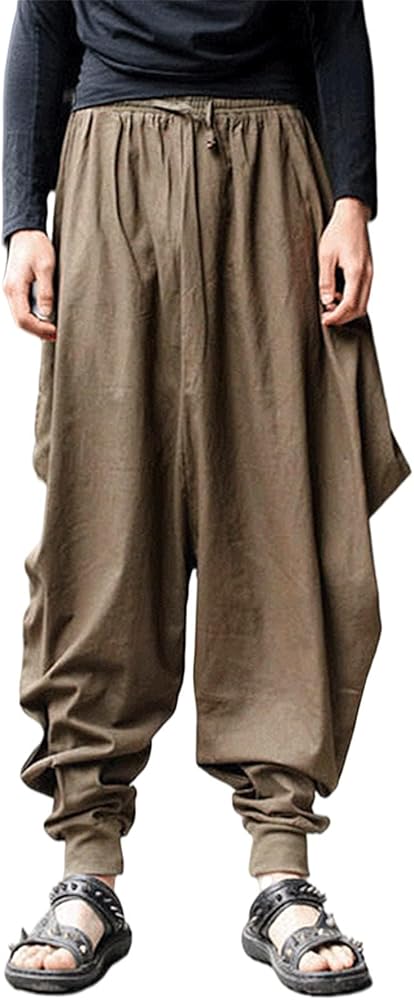 CLANMILUMS Men's Elastic Waist Harem Pants Baggy Hippie Cosplay Drop Crotch Trousers