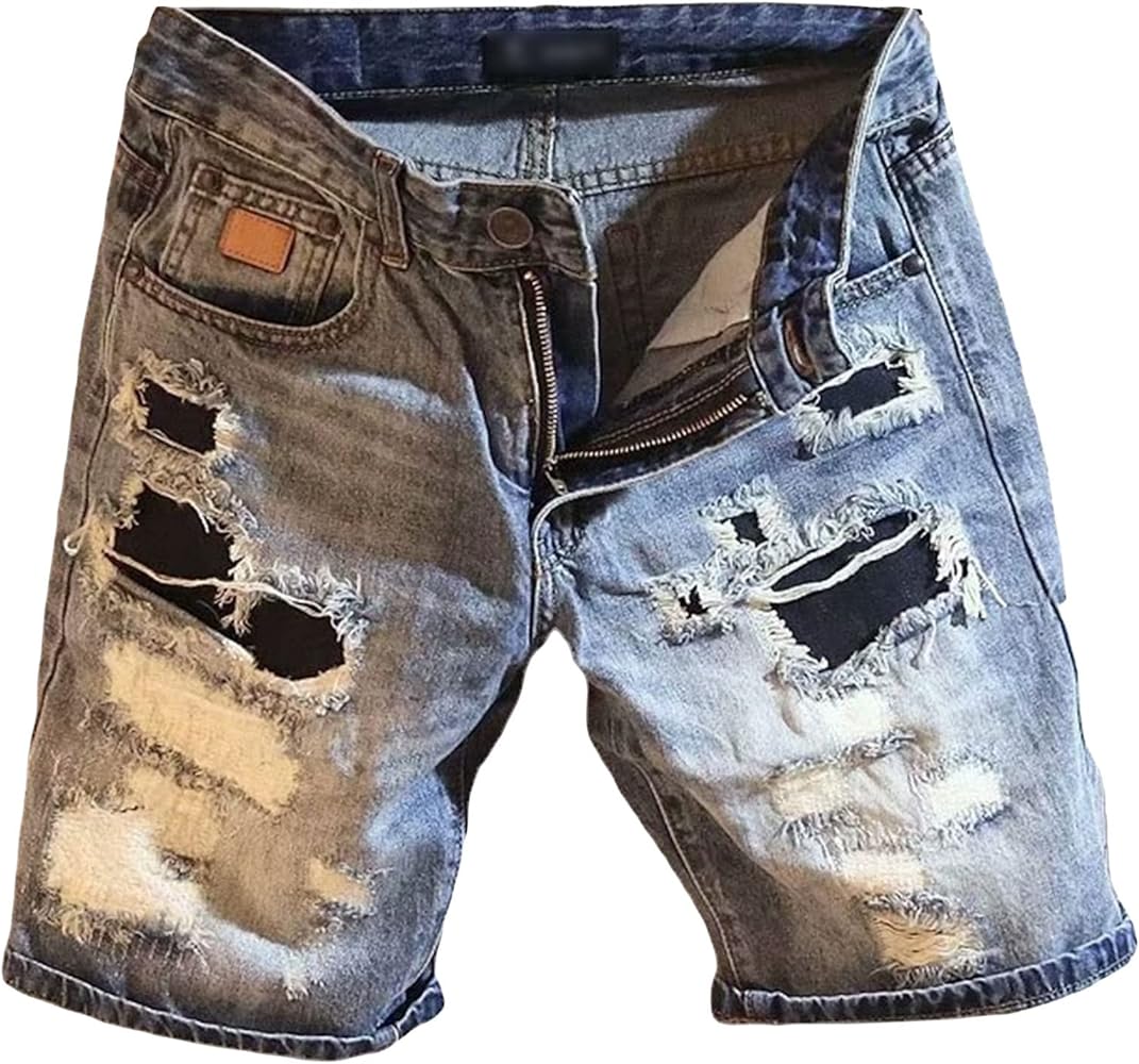 Men's Ripped Distressed Denim Shorts Slim Fit Knee Length Washed Jeans Shorts Straight Hip Hop Shorts