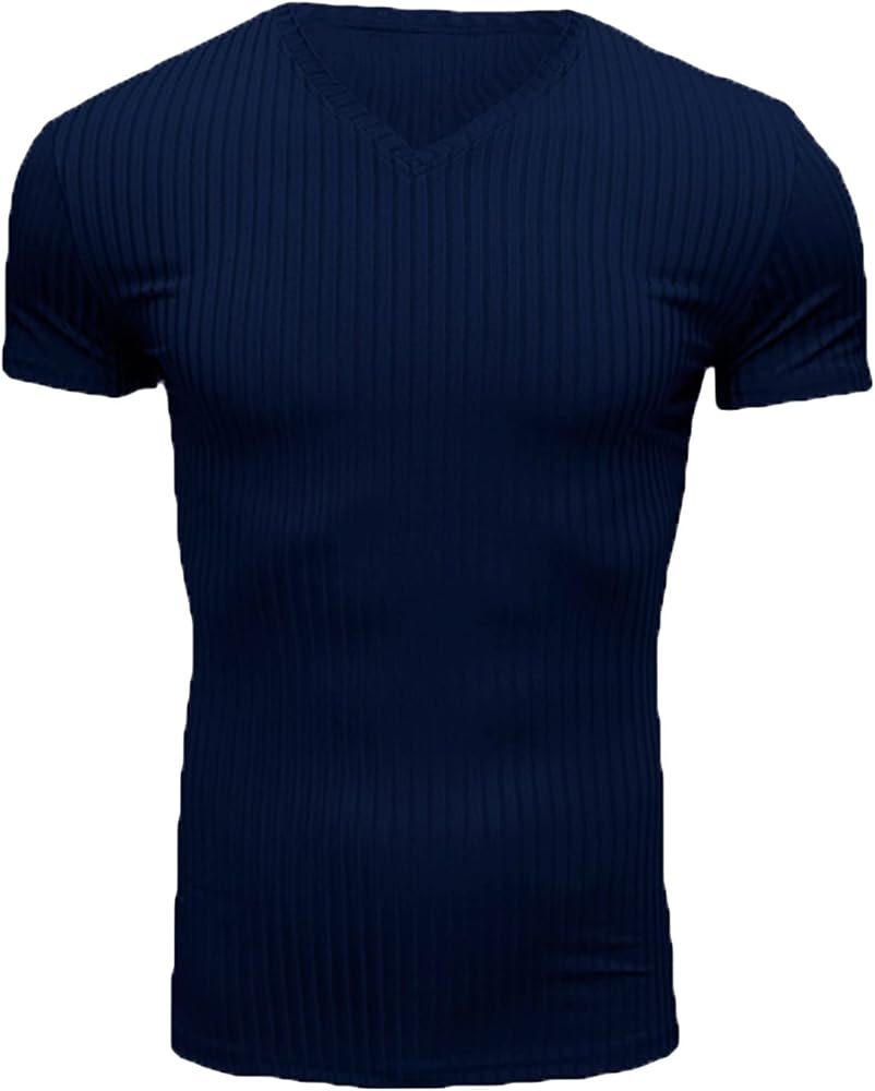 Men's Ribbed Shirt Short Sleeve Slim Fit Muscle T Shirts Stretch Henley Top V Neck Bodybuilding Workout Knit Soft Tee