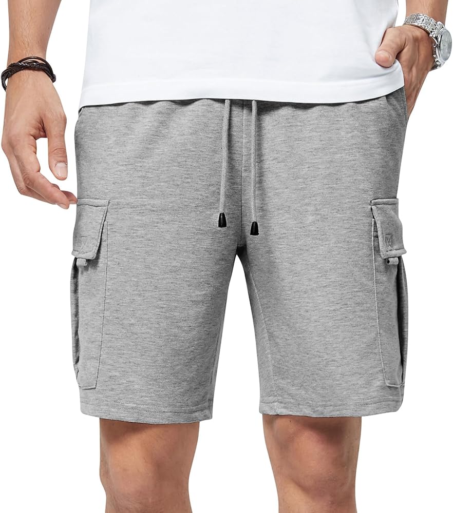 Mens Casual Sweat Cargo Cotton Shorts Drawstring Elastic Waist Athletic Workout Gym Jogger Shorts with 5 Pockets